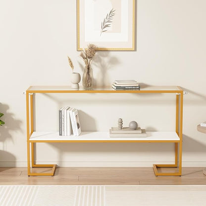 Furnify Console Sofa Table, 52" Modern Entryway Table, 2-Tier Open Shelf with Tempered Glass, Metal Frame Behind Couch Table with Gold Metal Frame for Living Room Hallway Entrance, White