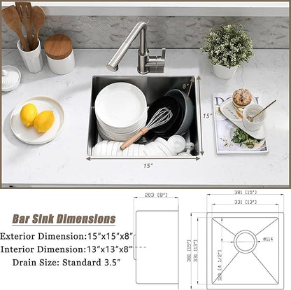 15 Inch Undermount Bar Sink, 15x15 Bar Sink Undermount Stainless Steel Small Wet Bar Sinks 18 Gauge Single Bowl Kitchen Prep Sinks with Basket Strainer