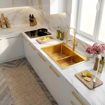 LQS Gold Kitchen Sink 33x22, 33 Inch Drop In Kitchen Sink Double Bowl, Handmade Deep & Large Stainless Steel Kitchen Sink with Low-Divider