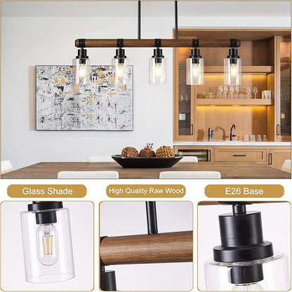 Dining Room Chandelier Over Table, 5-Light Farmhouse Kitchen Island Lighting, Matte Black Rustic Wood Chandelier with Clear Glass Shade, Ceiling Pendant Light Fixture for Kitchen