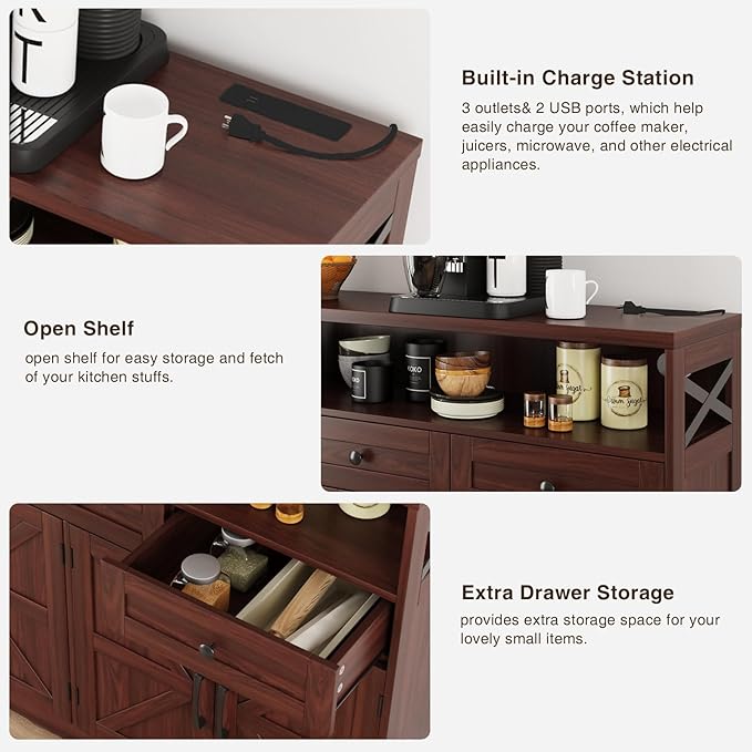51" Dark Brown Buffet Sideboard Cabinet, Farmhouse Storage Cabinet Kitchen Pantry with Shelf and Drawers, Wood Cupboard Hutch Cabinet, Coffee Bar Station Table for Kitchen, Living Room, Dining Room