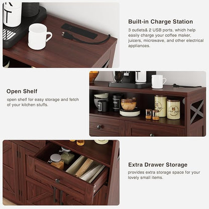 51" Dark Brown Buffet Sideboard Cabinet, Farmhouse Storage Cabinet Kitchen Pantry with Shelf and Drawers, Wood Cupboard Hutch Cabinet, Coffee Bar Station Table for Kitchen, Living Room, Dining Room
