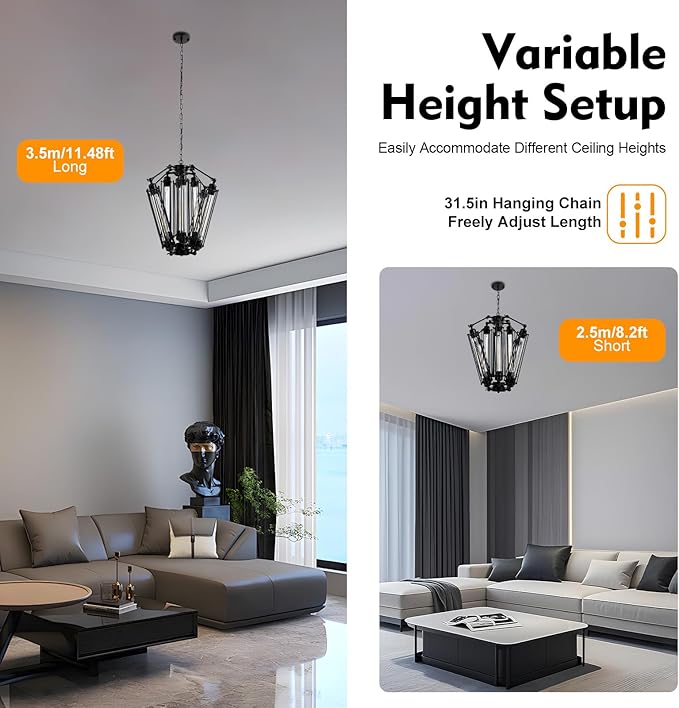 8-Lights Retro Metal Pendant Lamp with Glass Lamp Tube, Industrial Metal Chandelier, Vintage Mid Century Lighting Fixture, Steampunk Style Pendant Light for Foyer Hallway Living Room Bar