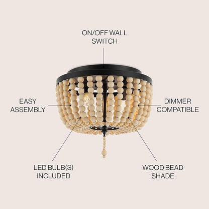 JONATHAN Y 10" Black/Cream Allison 2-Light LED Flush Mount Ceiling Light for Bedroom, Wood Beaded Shade Shabby Chic Farmhouse Rustic Decor, LED Bulbs Included (JYL9074B)