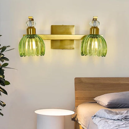 Vintage Gold Vanity Light 2 Lights Bathroom Lighting Fixture with Green Tulip Glass Shade Antique Brass Vanity Lights Over Mirror for Kitchen Bedroom Living Room Farmhouse