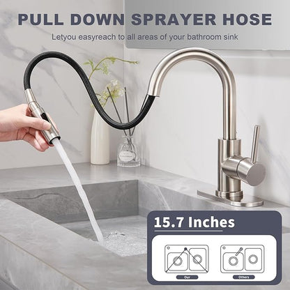 Bathroom Faucet with Pull Down Sprayer, Sink faucets Pull Out Faucet with Pop-Up Drain, 1 or 3 Hole Laundry Bar Basin Faucet with Deck Plate,Brushed Nickel