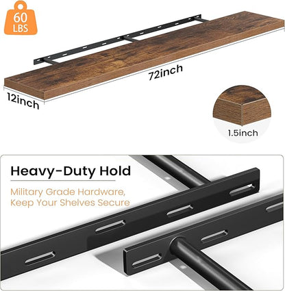 Fun Memories 72 Inch Floating Shelves, 12 Inch Deep Wall Shelf for Fireplace Mantel, Rustic Brown Deep Storage Shelves for Home & Office, Long Floating Shelf with Invisible Bracket, Set of 2