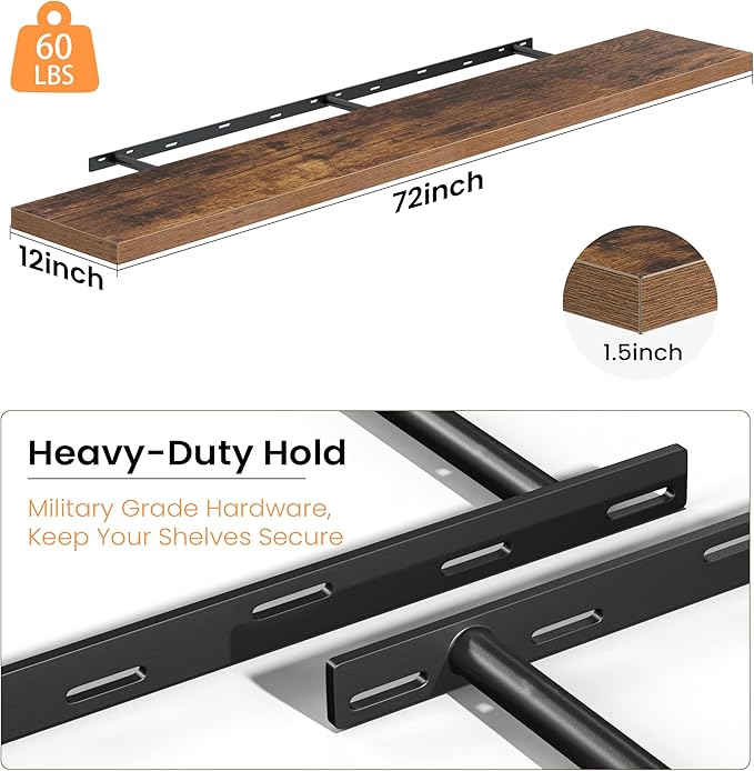 Fun Memories 72 Inch Floating Shelves, 12 Inch Deep Wall Shelf for Fireplace Mantel, Rustic Brown Deep Storage Shelves for Home & Office, Long Floating Shelf with Invisible Bracket, Set of 1
