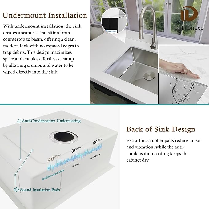 23 Inch Undermount Kitchen Sink - Delironexu 18 Gauge Stainless Steel Kitchen Sink, 23"x18" Single Bowl kitchen Sinks with Brushed Finish, Ideal for Bar Sinks, and RV sink