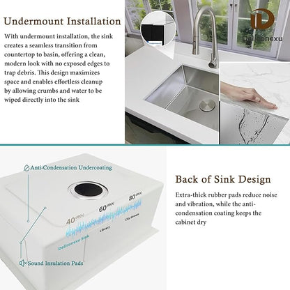 23 Inch Undermount Kitchen Sink - Delironexu 18 Gauge Stainless Steel Kitchen Sink, 23"x18" Single Bowl kitchen Sinks with Brushed Finish, Ideal for Bar Sinks, and RV sink