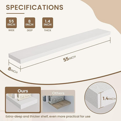 Dreamland 55 Inches Floating Shelves for Wall, 8" Deep Long Floating Shelves Set of 1, Large Display & Storage Shelf, Wall Shelf for Bathroom Bedroom Living Room Kitchen Office, White
