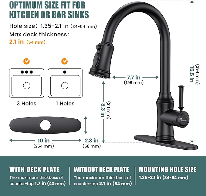 Kitchen Faucet with Pull Down Sprayer, Single Handle High Arc Utility Sink Faucet with Deck Suitable for bar for Kitchen Sink, Laundry Sink, Wet Bar or RV, Matte Black