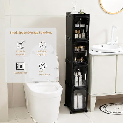 3-Tier Slim Narrow Storage Cabinet with Adjustable Shelves and Movable Wheels, Anti-Tip, Bathroom Storage and Organizers for Small Space, Bathroom, Kitchen, Laundry, Black