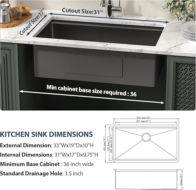 Lordear 33 Inch Black Undermount Kitchen Sink Workstation 16 Gauge Stainless Steel Deep Single Bowl Basin with Built-in Accessories,33“x19"x10" Gunmetal Black Sinks