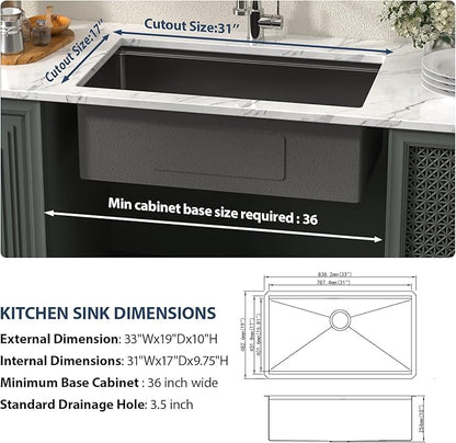 Lordear 33 Inch Black Undermount Kitchen Sink Workstation 16 Gauge Stainless Steel Deep Single Bowl Basin with Built-in Accessories,33“x19"x10" Gunmetal Black Sinks
