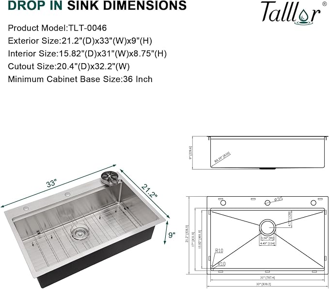 33 Inch Drop In Stainless Steel Kitchen Sink Single Bowl 16 Gauge Workstation Sink with Cup Washer, Mixing Bowl and Pasta Strainer #TLT-0046