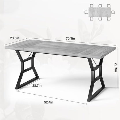 GarveeHome 70.9 in Large Dining Room Table for 6, Rectangular Kitchen Table with Heavy Duty Metal Legs, Farmhouse Wooden Dining Table for Big Family (Grey)