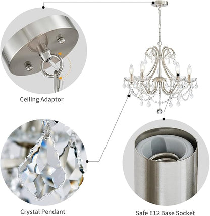 WUZUPS Crystal 5-Light Candle Chandelier Pendant Flushmount Ceiling Light Modern Lighting Fixture for Bedroom Hallway Bar Kitchen Bathroom, H 20.9" x W 21.7", Brushed Nickel, E12 Base