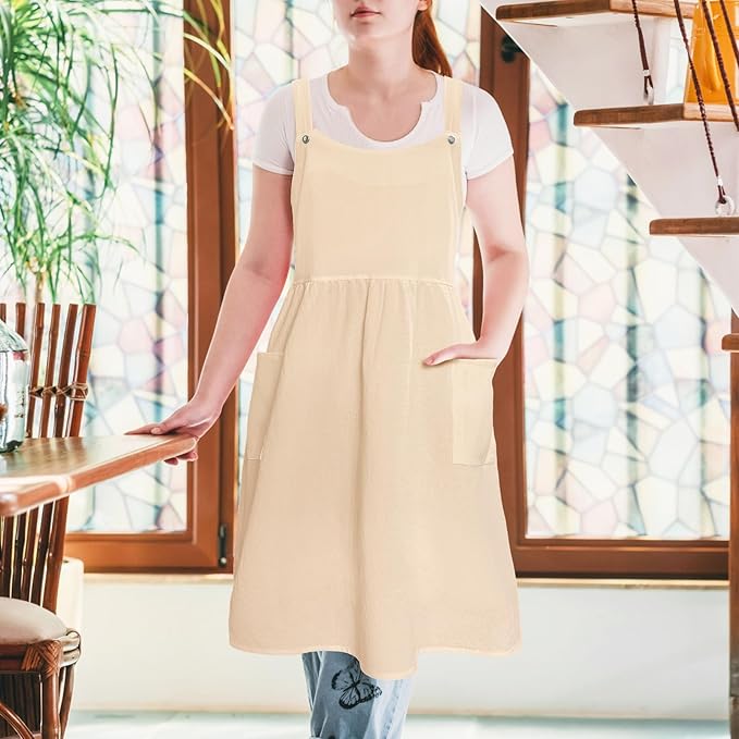 Cityelf Vintage Pinafore Apron Dress Snap Adjust Linen Cotton with Pockets Floral Aprons for Cooking Gardening