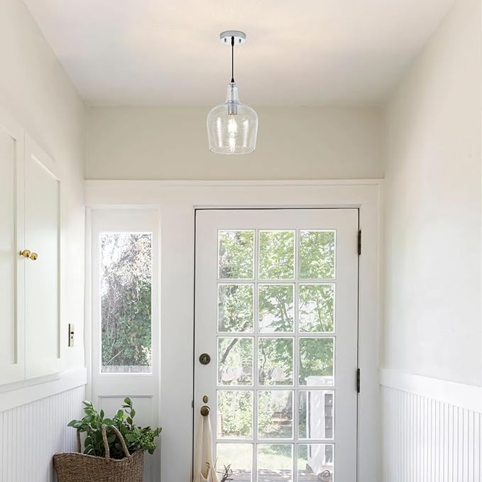 10”Chrome Hammered Glass Pendant Light Modern 1 Light Single Dome Pendent Lighting Fixtures for Kitchen Island Dining Room Hallway, UL Listed