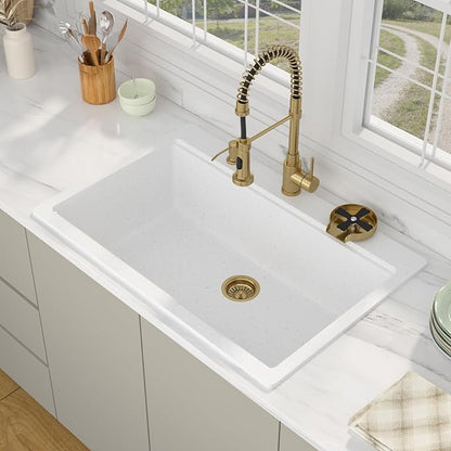 33 Granite Composite Kitchen Sink - Beslend 33x22 Drop In White Kitchen Sink with High Pressure Glass Rinser, Granite Composite Worksation White Sinks Easy Clean Quartz Basin for Kitchen Remodel