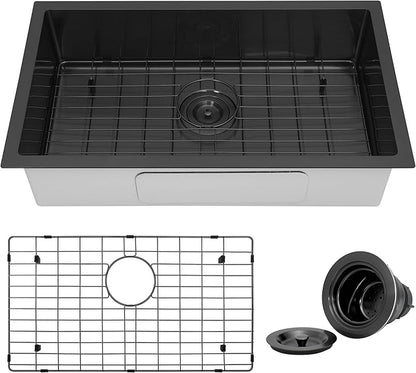 Kitsitchen Black RV Ktichen Sink, 27" x 16" x 7" Black Undermount Kitchen Sink,Stainless Steel Single Bowl Kitchen Sink with Strainer & Bottom Gird Used at RV, Outdoor and Camper