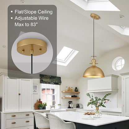 12 Inch Gold Farmhouse Pendant Lights Matte Pendant Lights for Kitchen Island Industrial Adjustable Height Vintage Dome Hanging Light Fixtures for Barn, Dining Room 1 Pack