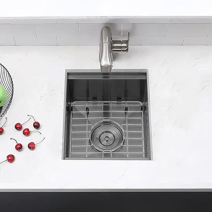 KINGO HOME Black Undermount Bar Sink, 13x15 Inch Stainless Steel Small Workstation RV Sinks 16 Gauge Ledge Kitchen Gunmetal Black Single Bowl Kitchen Wet Bar Prep Sink with Accessories