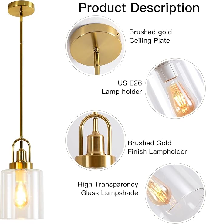 7" Modern Clean Glass Pendant Light Round Vintage Farmhouse Pendant Light Fixtures Mini Adjustable Rod Rustic Pendant Lights for Kitchen Island, Dining Room, Bedroom, Hallway, Entryway