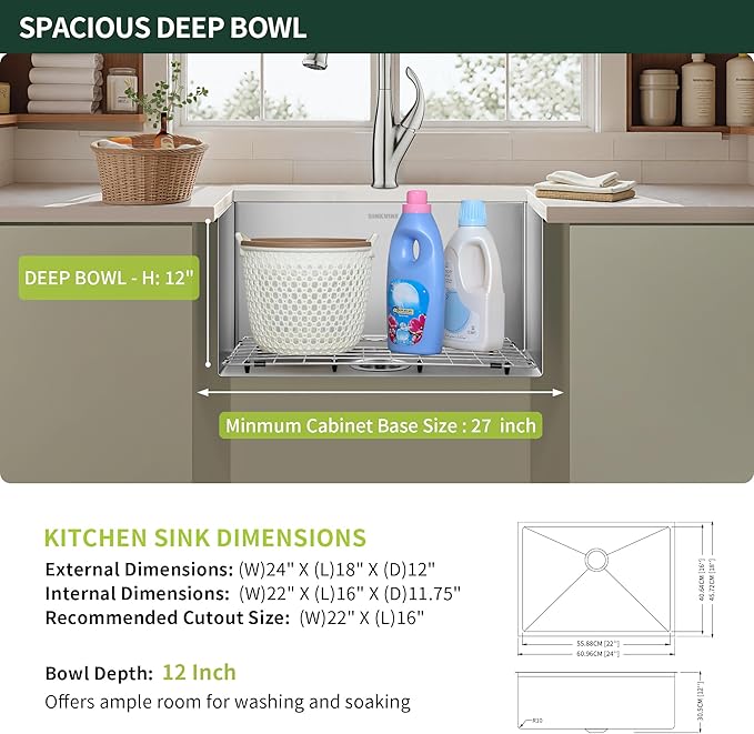 24-inch Undermount Laundry Utility Sink - 24x18x12 Extra Deep Stainless Steel Single Bowl Basin with Drain Strainer, Bottom Grid & Drying Unit for Laundry Room, Outdoor, Garage, Kitchen Use