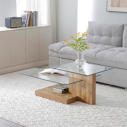 Glass Coffee Table with Storage, 44 Inch Rectangular Coffee Tables for Living Room, 3-Tier Tempered Glass Wooden Center Table Modern Accent Cocktail Table for Home Office (Wood)