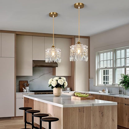 Brass Vintage Glass Pendant Light Crystal Pendant Lights Kitchen Island,Adjustable Height Pendant Lighting for Dining Room Farmhouse Living Room(2-Pack)