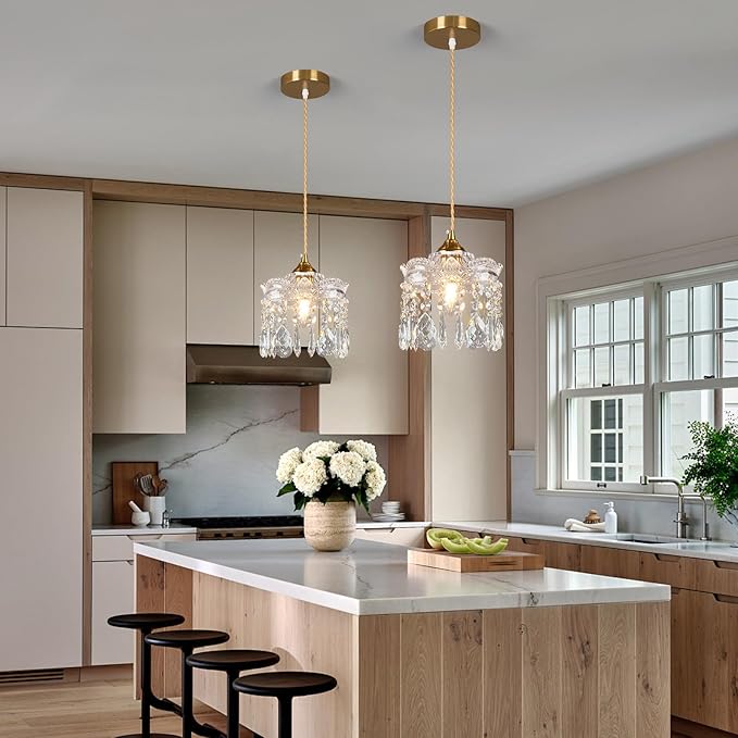 Brass Vintage Glass Pendant Light Crystal Pendant Lights Kitchen Island,Adjustable Height Pendant Lighting for Dining Room Farmhouse Living Room(1-Pack)