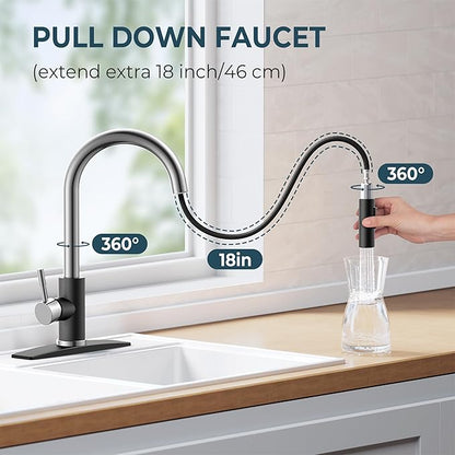 FORIOUS Kitchen Faucet with Pull Down Sprayer, High Arc Modern Classic Sink Faucet Stainless Steel with Deck Plate Fit for 1 or 3 Hole for Pot Filler Bar Farmhouse Laundry Rv, Black Chrome