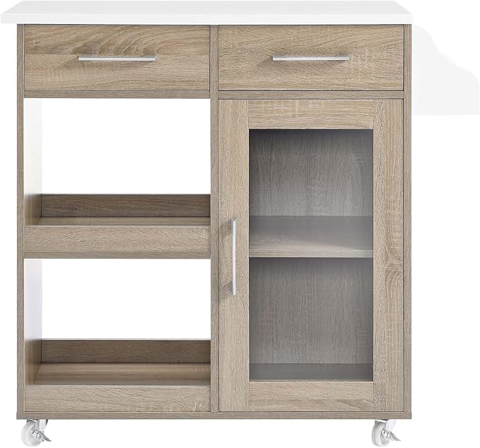 Modway Culinary Rolling Kitchen Cart with Storage in Oak White - 3 Tiers Kitchen Island on Wheels with Spice Rack, Functional as a Coffee Station, Bar Cabinet or Butcher Block Island