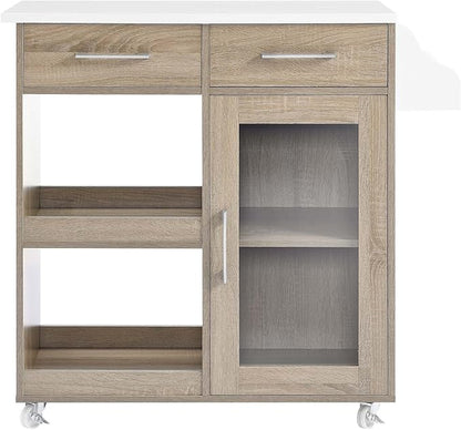 Modway Culinary Rolling Kitchen Cart with Storage in Oak White - 3 Tiers Kitchen Island on Wheels with Spice Rack, Functional as a Coffee Station, Bar Cabinet or Butcher Block Island