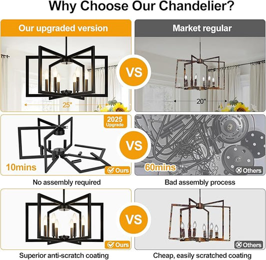 25" Modern Matte Black Chandelier for Dining Room, No Assembly Required Black Dining Room Light Fixture Over Table, Industrial Metal Hanging Pendant Lights Fixture for Kitchen Island, Entryway, Foyer