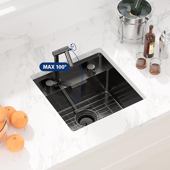 Sarlai Black Undermount Bar Sink With Foldable Faucet - 18x18 Inch Outdoor Black Kitchen Sink RV Workstation 16 Gauge Stainless Steel Single Bowl Handmade Outdoor BBQ Sinks with Lid