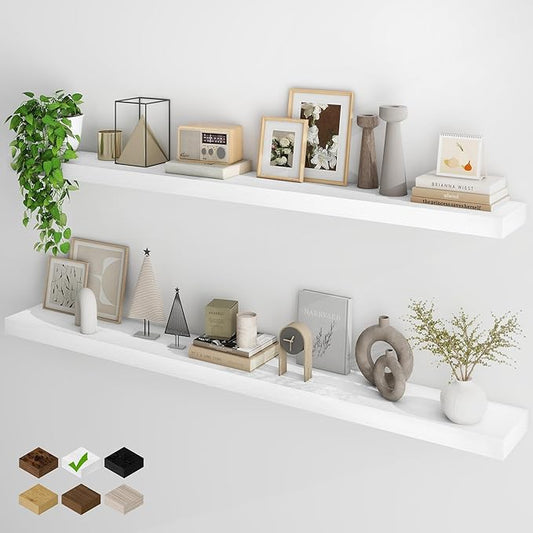 Fun Memories 66 Inch Fireplace Mantel - Long Floating Shelf, Wall Mounted Farmhouse Display with Invisible Heavy Duty Metal Bracket, White, 2 Pack