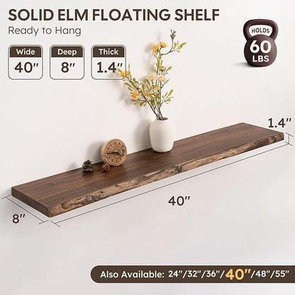 Live Edge Floating Shelf, 40 Inch Solid Elm Wood - Vintage Rustic Wood Wall Shelf with Invisible Brackets for Living Room, Kitchen, Bathroom