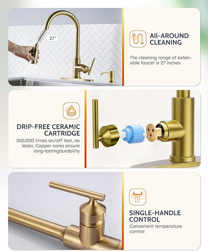 WOWOW Kitchen Faucets with Pull Down Sprayer, Gold Kitchen Faucet with Sprayer, 304 Stainless Steel High Arc Single Handle Pull Down Kitchen Faucet for Kitchen Sink Faucet with Soap Dispenser