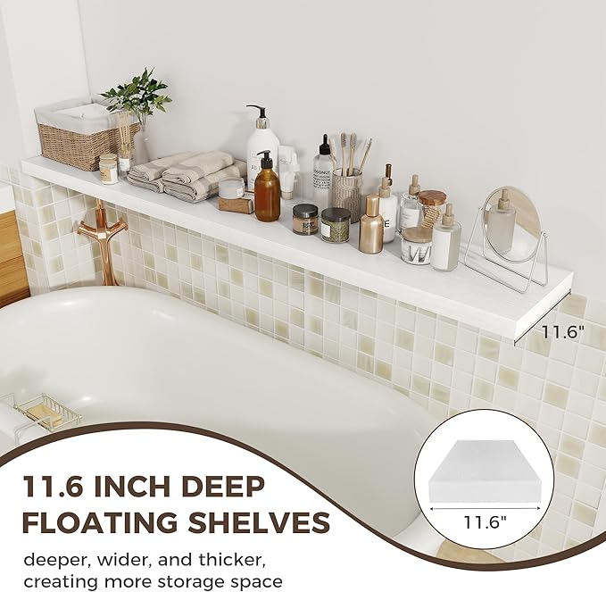 Fun Memories White Deep Floating Shelves, 72 x 12 Inch Long Wall Shelves, Large Display Shelf & Storage Shelf, Wood Floating Wall Shelves for Fireplace Mantel, Living Room, Home Office - Set of 2
