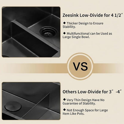 32 inch Double Bowl Kitchen Sink,Black Undermount Kitchen Sink 32 X 18 inch,16 Gauge Stainless Steel Undermount Sinks,Special Low-Divide Design