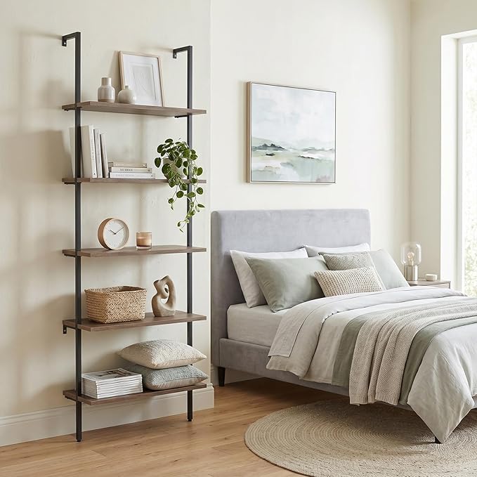 aboxoo Ladder Shelf 2PCS Open Bookshelf 5-Tier Wall-Mounted Wood Bookcase Rack Open Back Industrial Modern Plant Flower Stand Utility OrganizerMetal Frame Furniture Office Kitchen Bedroom (Brown)