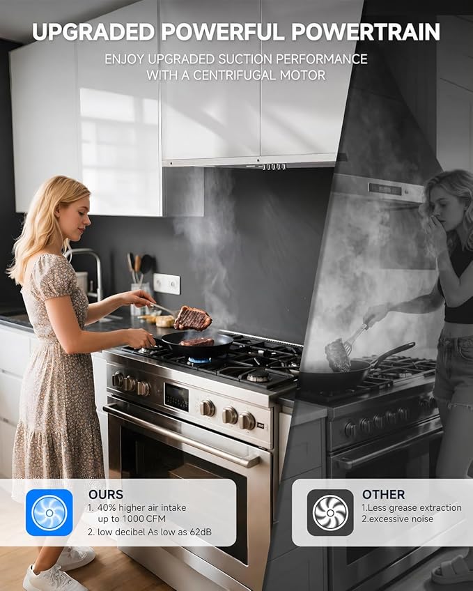 AMZCHEF Range Hood Insert 30 Inch, 1000 CFM Stainless Steel Built-in Kitchen Vent Hood,3-Speed Exhaust Fan with Button, LED Lights,Baffle Filters & Charcoal Filters,Sliver Button