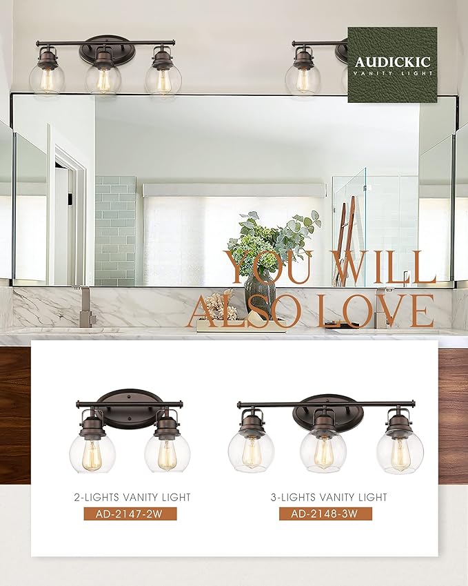 Farmhouse Bathroom Vanity Light, 3-Light Wall Mounted Vanity Lighting Fixture Over Mirror, Metal Frame with Globe Clear Glass, Oil Rubbed Bronze, AD-2148-3W