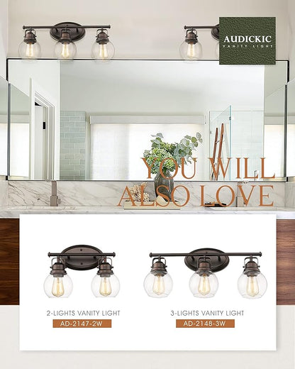 Farmhouse Bathroom Vanity Light, 3-Light Wall Mounted Vanity Lighting Fixture Over Mirror, Metal Frame with Globe Clear Glass, Oil Rubbed Bronze, AD-2148-3W