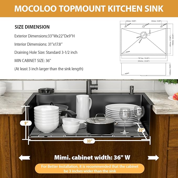 Mocoloo 33x22 Drop In Kitchen Sinks with Faucet 33 Inch Black Drop In Kitchen Sink 16 Gauge Stainless Steel Single Bowl Topmount Outdoor Sinks with Pull-out Faucet, Cup Washer and Soap Dispenser