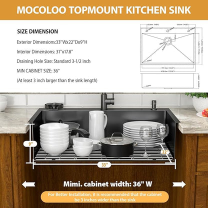 Mocoloo 33x22 Drop In Kitchen Sinks with Faucet 33 Inch Black Drop In Kitchen Sink 16 Gauge Stainless Steel Single Bowl Topmount Outdoor Sinks with Pull-out Faucet, Cup Washer and Soap Dispenser