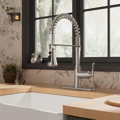 FORIOUS Rustic Kitchen Faucet with Pull Down Sprayer Brushed Nickel, 3 Modes Stainless Steel High Arc Vintage Spring Sink Faucet 1 or 3 Holes for Pot Filler, Farmhouse Camper Wet Bar